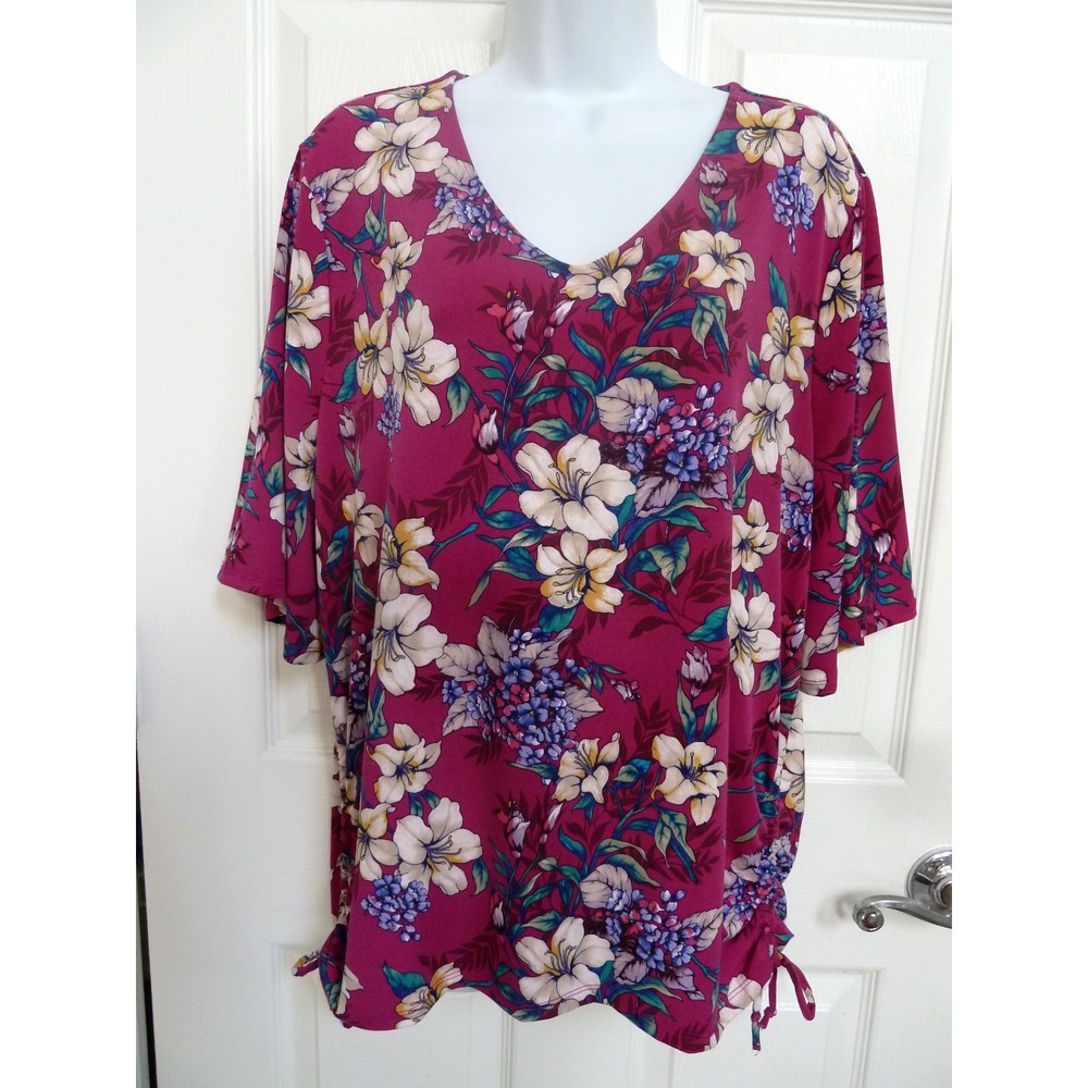 Chico's Sz 3 XL Floral Cinched Sides Career Blouse Pink V-Neck Short Sleeve